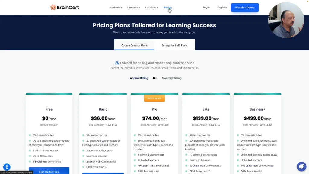 BrainCert Review Pricing Plans Screenshot