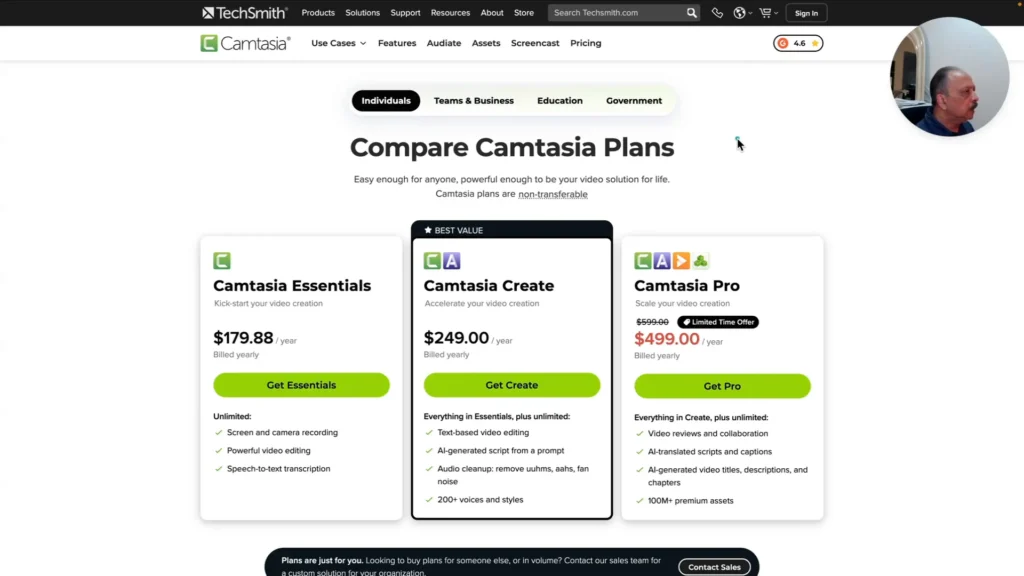 Screenshot of Camtasia pricing plans comparison