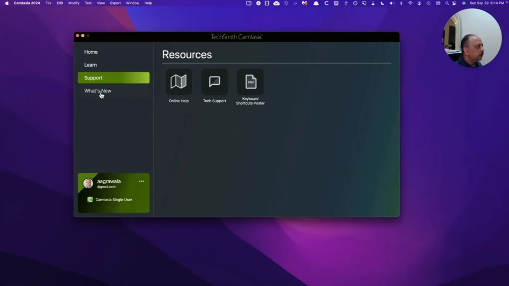 Screenshot of Camtasia support options