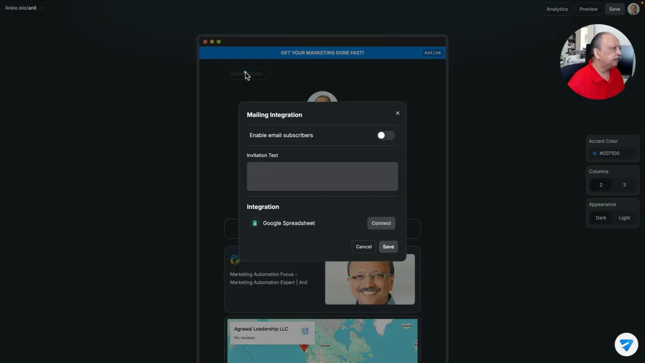 Linkie email collection integration settings with email subscribers enabled and invitation text field