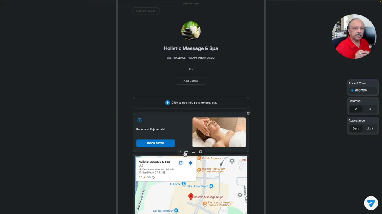 Linkie editor preview showing bio section and service-style card layout