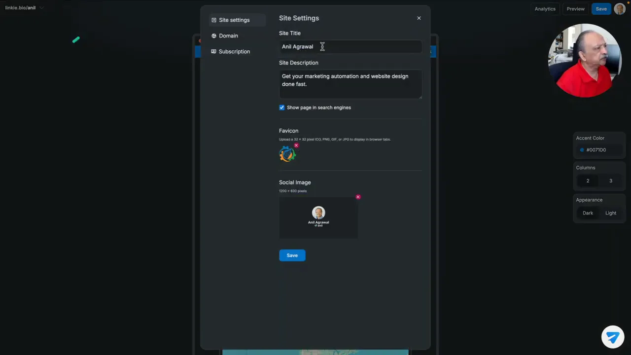 Automated marketing dashboard showing site settings and social media options for marketing automatio.